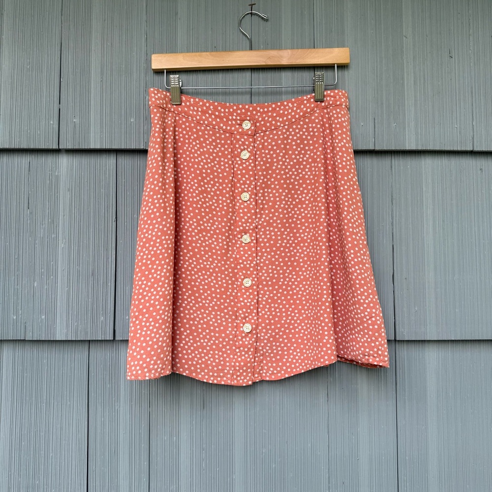 vintage GAP polka dot silky button down circle mini skirt, peach orange white, 6 - Picture 1 of 9